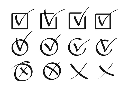 Tick check mark icon set. Hand drawn black strokes and pen markings marks for list items. Grunge handwritten sign, checkbox. Stylish check mark icon painted collection. Objects vector illustration