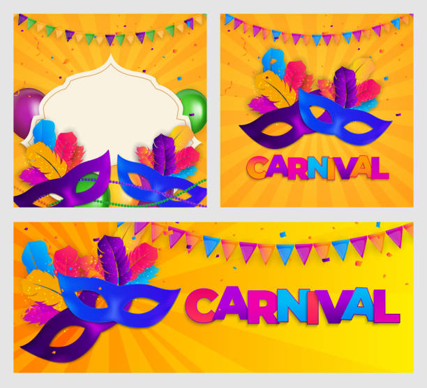 karneval hintergrund-set. traditionelle maske mit federn und konfetti für fesival, maskerade, parade. vorlage für design-einladung, flyer, poster, banner. vektor-illustration eps10 - karneval stock-grafiken, -clipart, -cartoons und -symbole