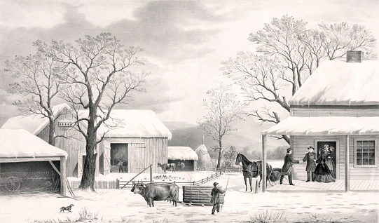 Vintage illustration depicts the satisfaction and contentment of a city man returning to his country home to celebrate Thanksgiving, a traditional American holiday. He steps away from his horse-drawn carriage to meet his welcoming parents at the front door.