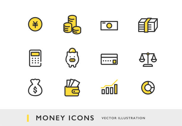 ilustraciones, imágenes clip art, dibujos animados e iconos de stock de conjunto de iconos de dinero - stock market data finance chart home finances