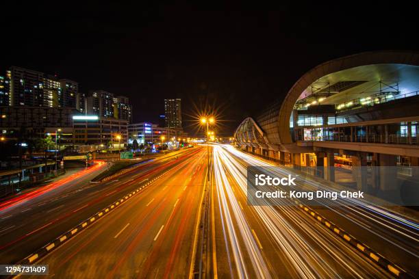 Night Scene Light Trail Beside Public Railway Station At Puchong Malaysia Stock Photo - Download Image Now