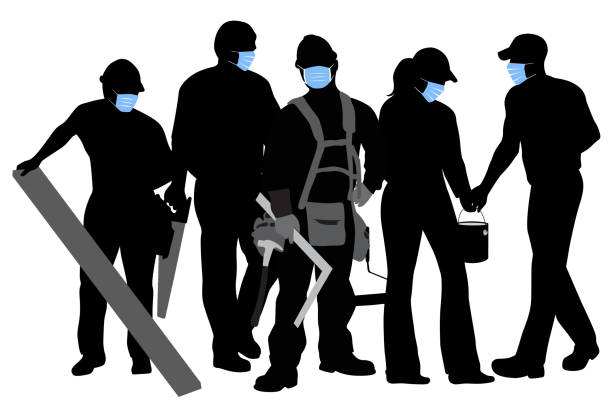 ilustraciones, imágenes clip art, dibujos animados e iconos de stock de acciones de construcción precauciones del lugar de trabajo covid - construction worker silhouette people construction