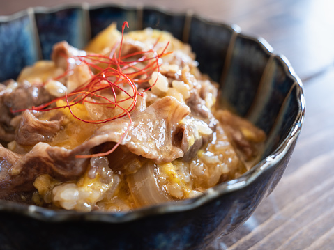 Sukiyaki rice with stewed eggs and beef.