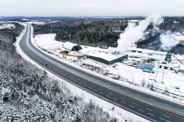 sawmill in winter - lumber industry cold day forest imagens e fotografias de stock