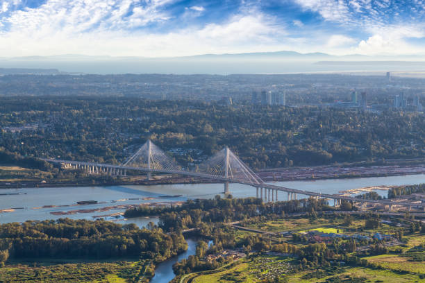 Aerial view on Fraser River and Port Mann Bridge Aerial view on Fraser River and Port Mann Bridge. Taken in Greater Vancouver, British Columbia, Canada. Sunny blue sky evening. mann stock pictures, royalty-free photos & images