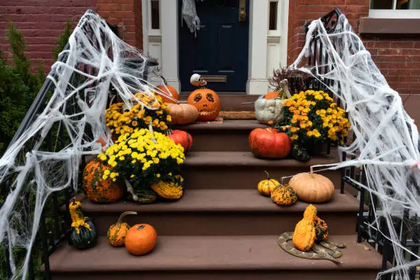 Photo of Halloween Decorations with Colorful Pumpkins and Flowers on the Stairs of an Old Brownstone Home in New York City during Autumn