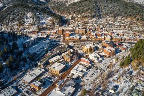 Aerial View of Deadwood, South Dakota after a fresh Snow