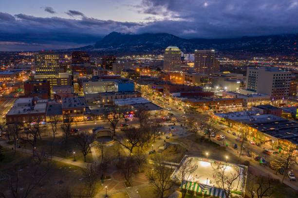 Aerial View of Colorado Springs at Dusk with Christmas Lights Aerial View of Colorado Springs at Dusk with Christmas Lights colorado springs photos stock pictures, royalty-free photos & images