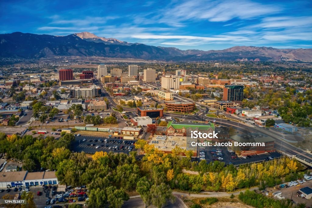 Aerial View of Colorado Springs with Autumn Colors Colorado Springs Stock Photo