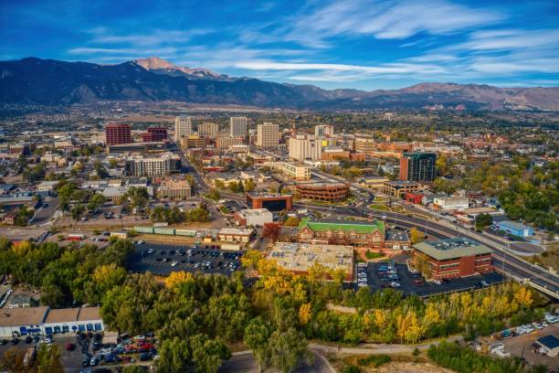 Aerial View of Colorado Springs with Autumn Colors Aerial View of Colorado Springs with Autumn Colors colorado springs photos stock pictures, royalty-free photos & images
