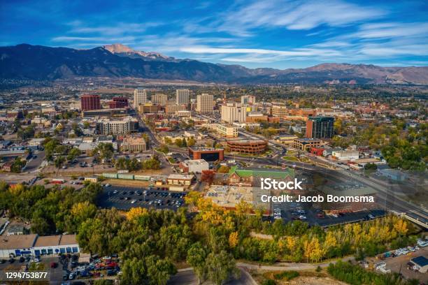 Aerial View Of Colorado Springs With Autumn Colors Stock Photo - Download Image Now - Colorado Springs, Colorado, Downtown District