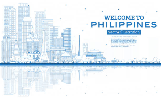 Outline Welcome to Philippines City Skyline with Blue Buildings and Reflections. Outline Welcome to Philippines City Skyline with Blue Buildings and Reflections. Vector Illustration. Historic Architecture. Philippines Cityscape with Landmarks. Manila, Quezon, Davao, Cebu. taguig stock illustrations