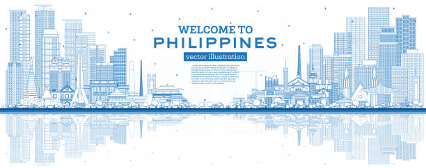 Outline Welcome to Philippines City Skyline with Blue Buildings and Reflections. Outline Welcome to Philippines City Skyline with Blue Buildings and Reflections. Vector Illustration. Historic Architecture. Philippines Cityscape with Landmarks. Manila, Quezon, Davao, Cebu. national capital region philippines stock illustrations