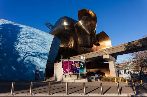 Seattle, Washington, USA - December 3, 2020: The Museum of Pop Culture building in Seattle Center in Seattle, Washington, USA.