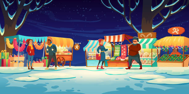 ilustrações de stock, clip art, desenhos animados e ícones de people on christmas fair with market stalls - piazza nova illustrations