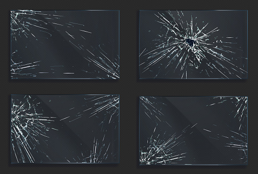 Broken glass with cracks and hole from impact or bullet shot. Rectangular shape clear acrylic or plexiglass frames with crashed texture, scratches and breaks realistic 3d vector illustration, set