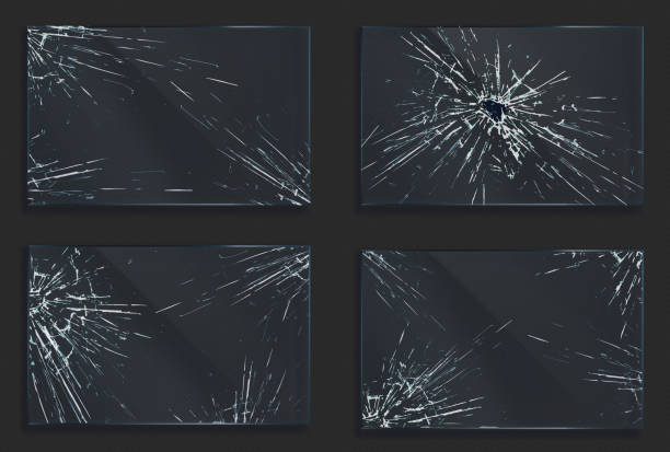 Broken glass with cracks and hole from impact Broken glass with cracks and hole from impact or bullet shot. Rectangular shape clear acrylic or plexiglass frames with crashed texture, scratches and breaks realistic 3d vector illustration, set mirror object patterns stock illustrations