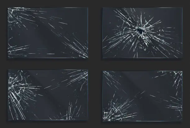 Vector illustration of Broken glass with cracks and hole from impact