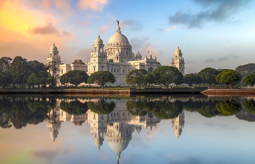 Victoria Memorial monument at Kolkata built in colonial architecture style at sunrise