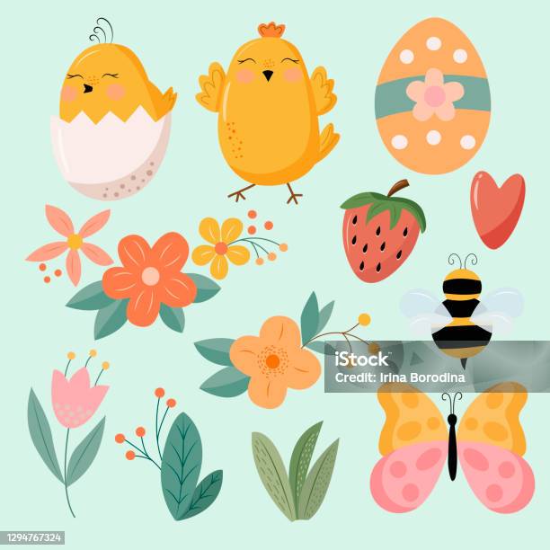 Easter Spring Vector Set Of Bright Spring And Easter Elements In Vector Graphics On A Gentle ...
