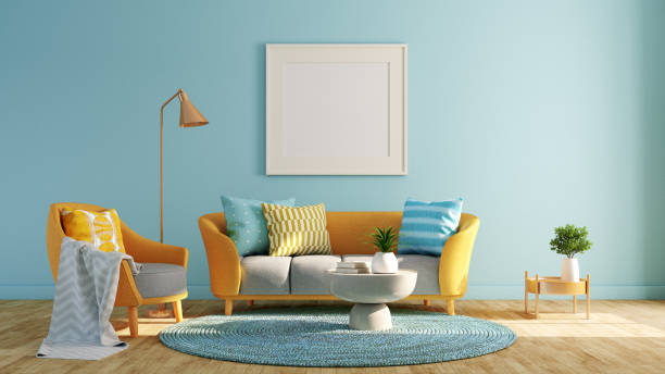 istock Living room.Design with pastel blue and yellow.3d rendering 1294772739