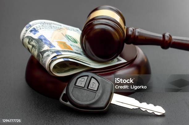 Judges Gavel With Car Key And Money On Black Stock Photo - Download Image Now - Car Accident, Lawyer, Physical Injury