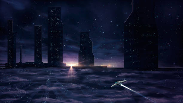 istock Spaceship fly above abstract modern sci-fi colorful city with night sky and stars at sunset. Digital painting 1294778421