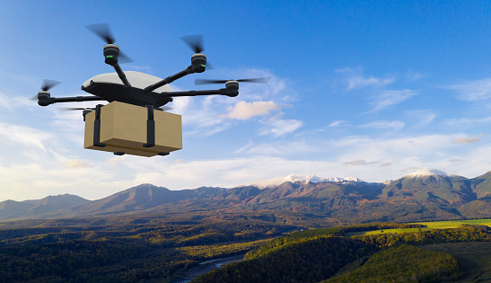 Drone delivery concept. Autonomous unmanned aerial vehicle used to transport packages. 3D rendering.