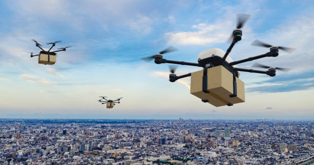 concept de livraison de drones. véhicule aérien autonome sans pilote utilisé pour le transport de colis. rendu 3d. - drone photos et images de collection