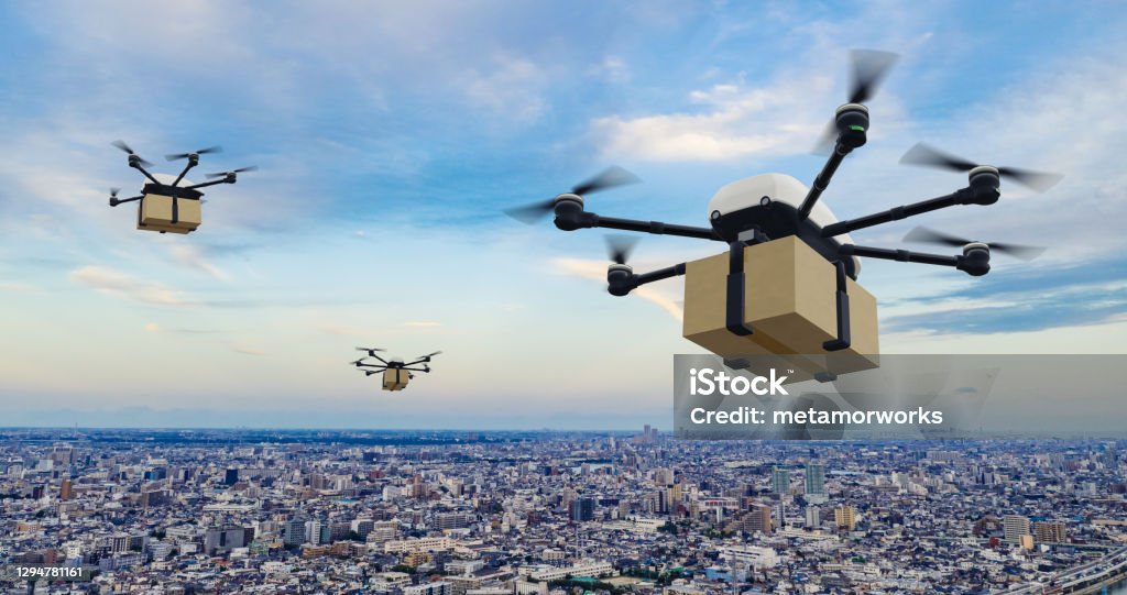 Drone Delivery Concept Autonomous Unmanned Aerial Vehicle To Transport Packages 3d Rendering Stock - Image Now - iStock