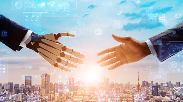 Human and robot shaking hands. 3D rendering. Human and robot shaking hands. 3D rendering. Reinforcement learning artificial intelligence stock pictures, royalty-free photos & images