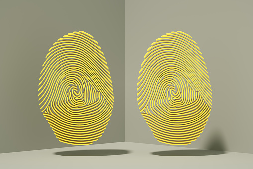 3D rendering of Fingerprint. Thumbprint, Data, Pattern, Security System. Pantone 2021 colors Ultimate Gray and Illuminating Vibrant Yellow.