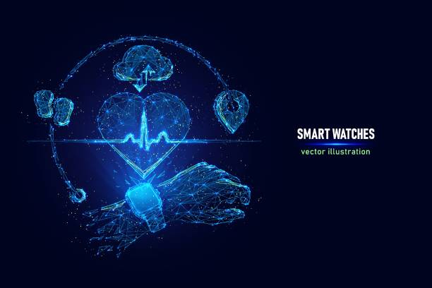 Low poly vector illustration of innovation smart watches. Digital wireframe made of connected dots. Vector illustration of smart watches. Digital wireframe of smart watches showing heart rate made of connected dots. Low poly illustration of heart rate monitoring hologram on blue background. low quality of life stock illustrations