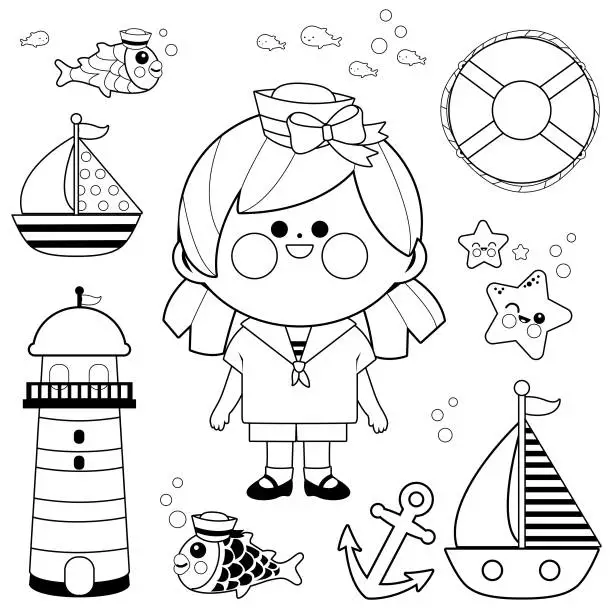 Vector illustration of Sailor girl nautical set. Vector black and white coloring page