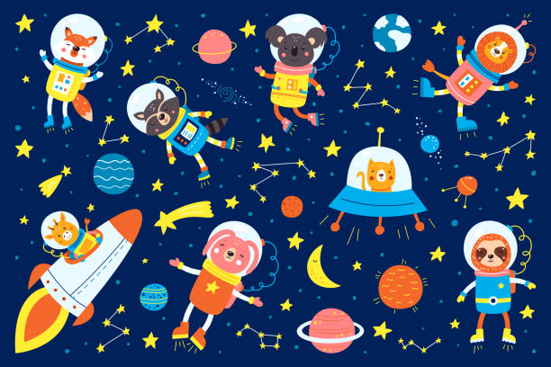 istock Set of cute animals astronauts, rockets, satellite, UFO, stars in space, vector illustrations in cartoon style. Cartoon animal astronauts, cat, fox, koala, lion, raccoon, giraffe, hare, sloth 1294787643