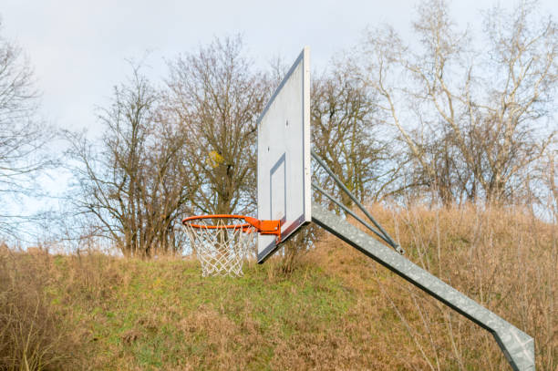 istock Basketball hoop with trees in background. 1294788948