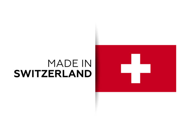 ilustraciones, imágenes clip art, dibujos animados e iconos de stock de hecho en la etiqueta suiza, emblema del producto. fondo blanco aislado - switzerland