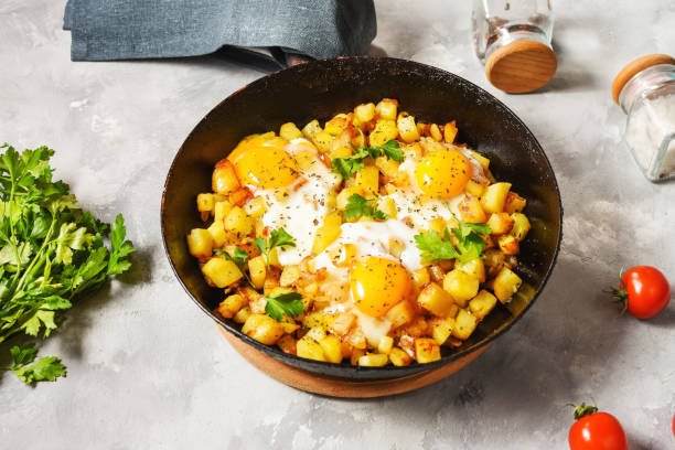 istock Potato hash with eggs and herbs for breakfast on concrete background 1294794929