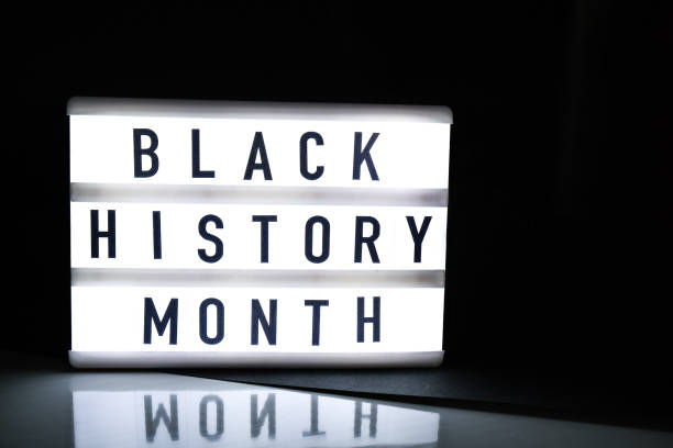 istock Lightbox with text BLACK HISTORY MONTH on dark black background with mirror reflection. Message historical event 1294796482