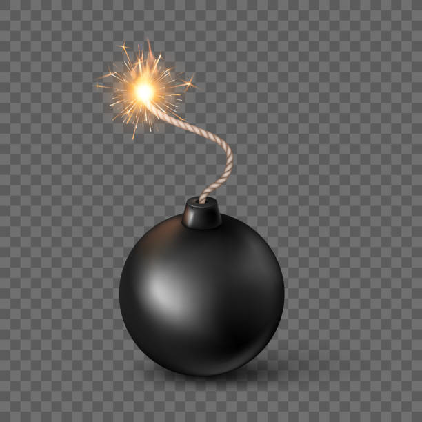 Black Sphere Bomb. Burning fuse black bomb in realistic style. Vector illustration Black Sphere Bomb. Burning fuse black bomb in realistic style. Vector illustration fuse symbol stock illustrations