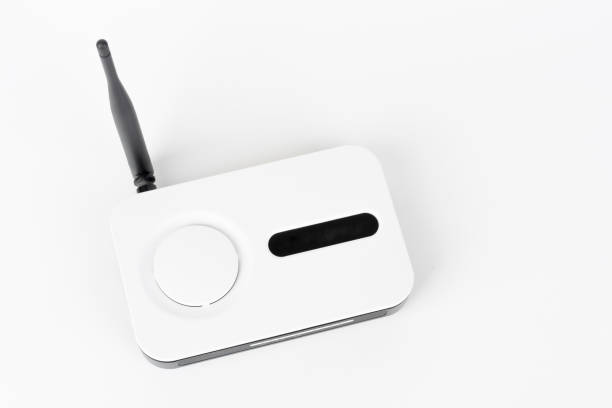 Wi-Fi router, wireless device with one antenna on white background.