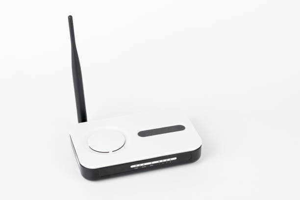 istock Wi-Fi router, wireless device with one antenna on white background. 1294798986