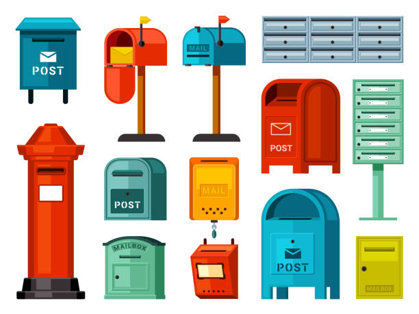 Retro and modern mailboxes set. Blue street boxes with legs red container for paper correspondence green for receiving and sending letters numerous metal closed sections individual. Cartoon vector. Retro and modern mailboxes set. Blue street boxes with legs red container for paper correspondence green for receiving and sending letters. blue mailbox stock illustrations