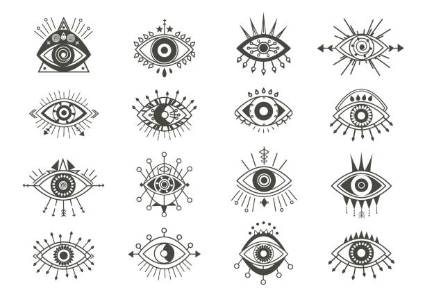 Mystical eyes symbols set. Esoteric signs with sacred vision circle and arrows occult look amulets with geometric figures of religious secrets of astral worlds and universes. Vector vision. Mystical eyes symbols set. Esoteric signs with sacred vision circle and arrows occult look amulets with geometric figures of religious secrets of astral worlds. illuminati stock illustrations