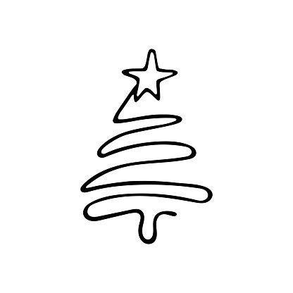 Christmas tree  stylization. Christmas tree icon one line drawing on white background, vector.Vector illustration.Doodle hand drawn xmas element of design for greeting