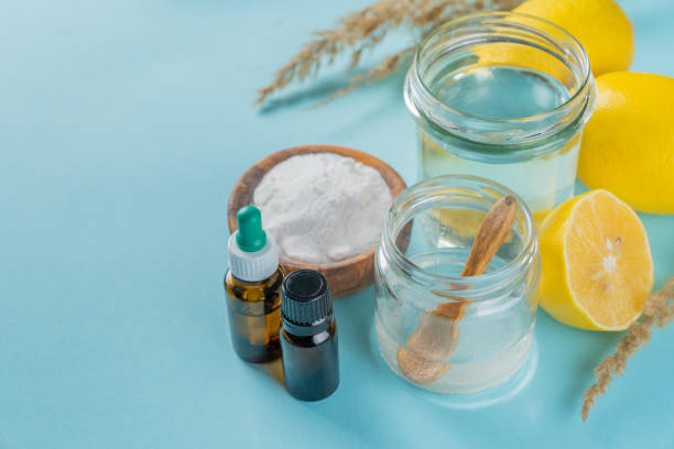istock Zero waste and eco cleaners - ingredients on blue background 1294811528