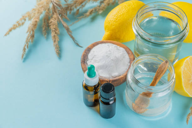 istock Zero waste and eco cleaners - ingredients on blue background 1294811583