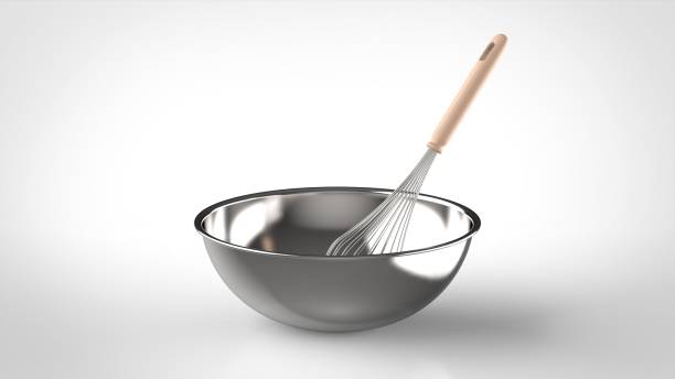 istock whisk and bowl white background one center front 3D Render 1294813433