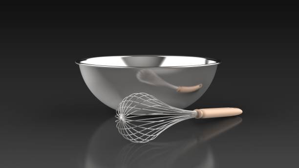 istock whisk and bowl black background one center angled 3D Render 1294813524