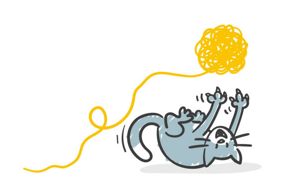 lustige blaue katze spielt mit einem ball aus wolle - wirbelsäule grafiken stock-grafiken, -clipart, -cartoons und -symbole